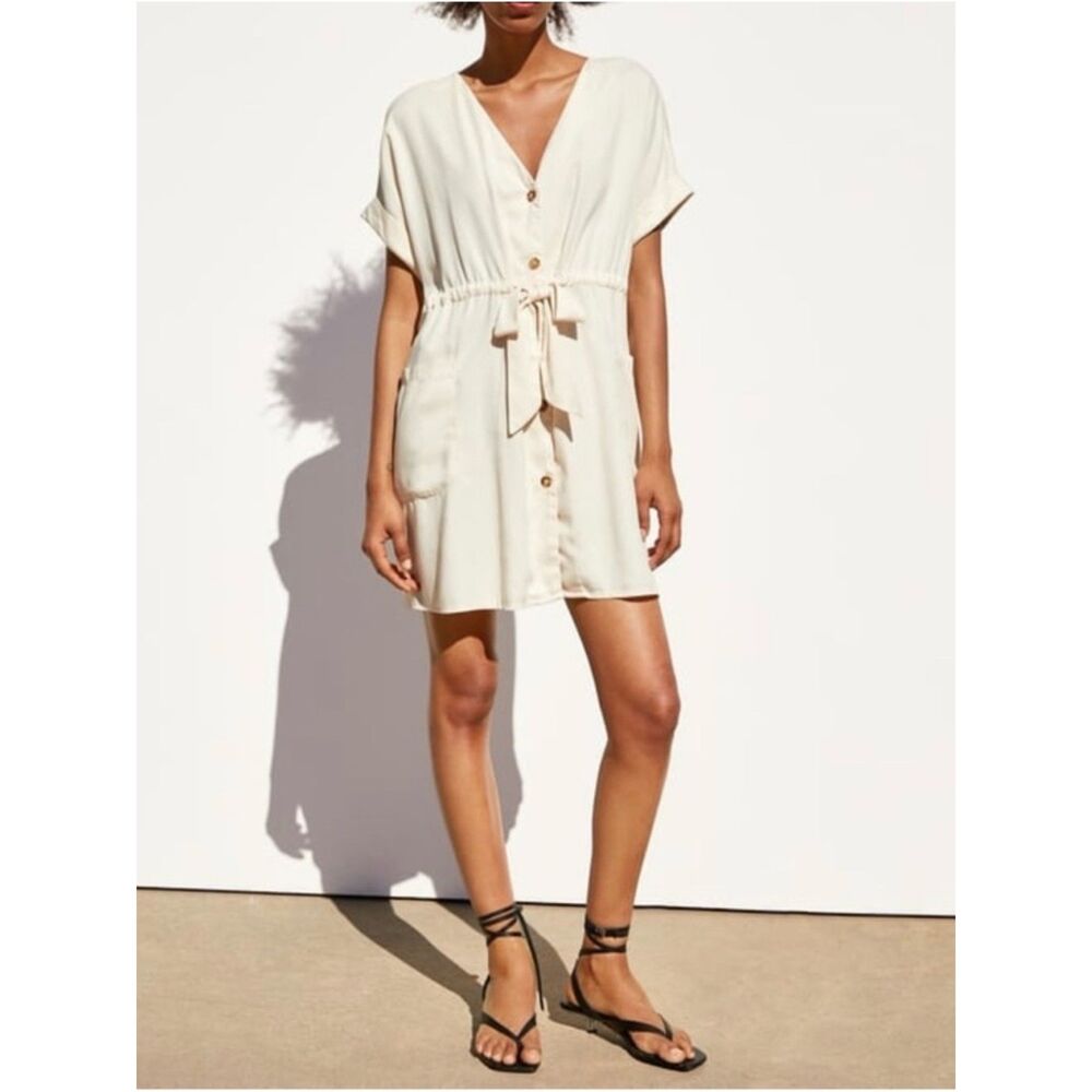 ZARA Cream Button Down Tie Front Short Sleeve Mini Dress, Sz XS